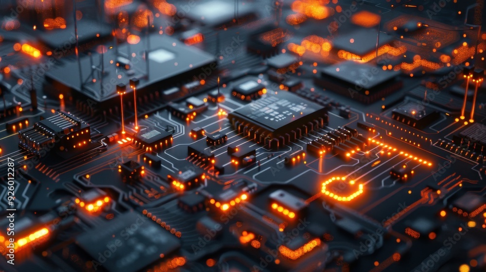 Microchip circuitry with glowing components. Microchip circuitry with glowing components.