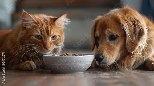 Curious cat and dog cautiously eyeing their food bowl, capturing adorable pet behavior and mealtime anticipation. photo