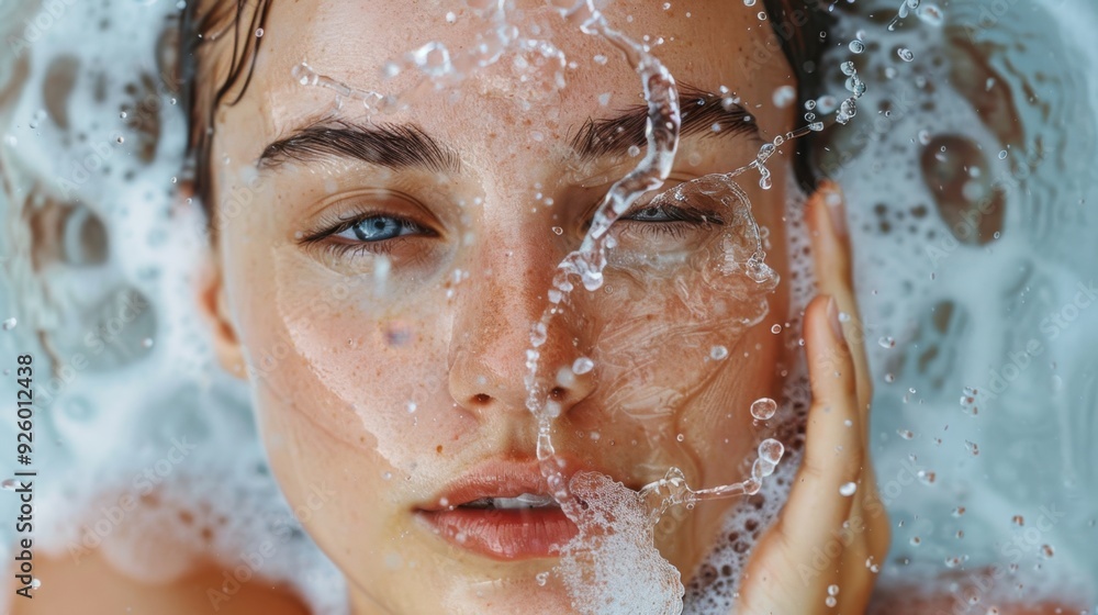 Model splashing water on their face. Model splashing water on their face.
