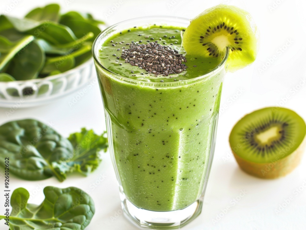 A refreshing green smoothie made with spinach, kiwi, and chia seeds. A refreshing green smoothie made with spinach, kiwi, and chia seeds.