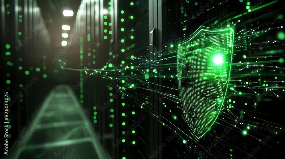 AI and Cyber security, AI Electron currents fast running from the left side hit the modern green shield that glows on the right side from glowing light and digital data connections AI and Cyber security, AI Electron currents fast running from the left side hit the modern green shield that glows on the right side from glowing light and digital data connections