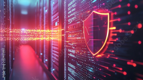 AI and Cyber security, Electron data currents fast running from the left side hit the modern shield that glows on the right side from glowing light and digital data connections, on server room