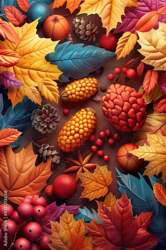 Fototapeta premium The image features a playful autumn theme , surrounded by a blend of holiday decorations and fall trees, vibrant and playful