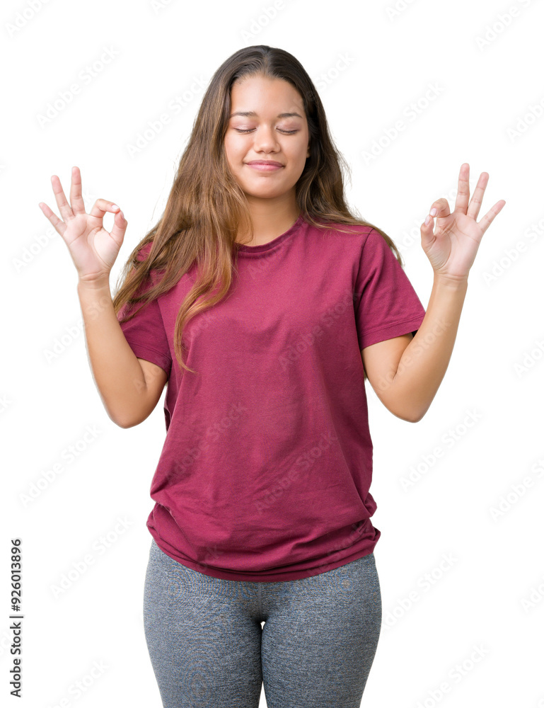 Young beautiful brunette woman over isolated background relax and smiling with eyes closed doing meditation gesture with fingers. Yoga concept. Young beautiful brunette woman over isolated background relax and smiling with eyes closed doing meditation gesture with fingers. Yoga concept.