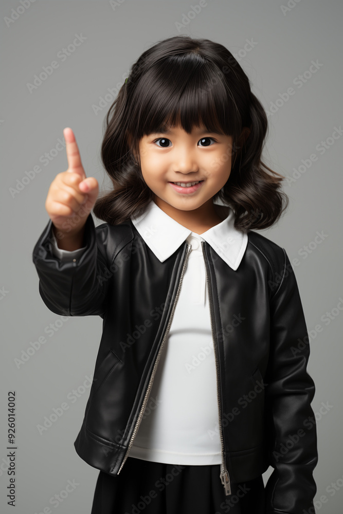 young Asian kid wearing a black outfit is doing a thumb up, isolated on a white isolated background young Asian kid wearing a black outfit is doing a thumb up, isolated on a white isolated background