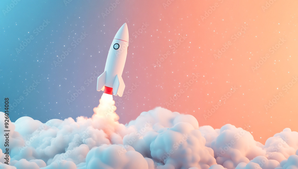 3D rendering of a white and white rocket taking off from clouds on an isolated pastel milky way background with empty space 3D rendering of a white and white rocket taking off from clouds on an isolated pastel milky way background with empty space