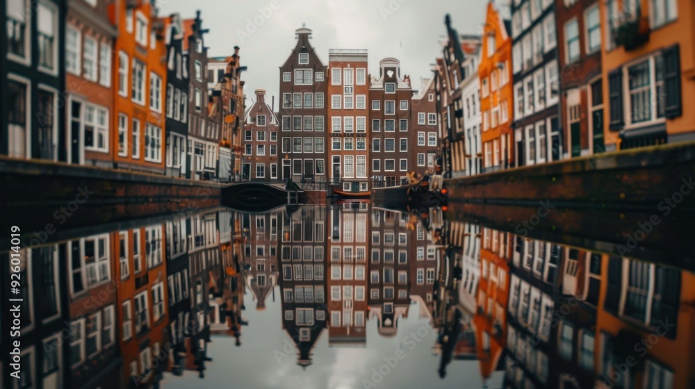 Fototapeta premium Reflections of buildings in a calm canal.