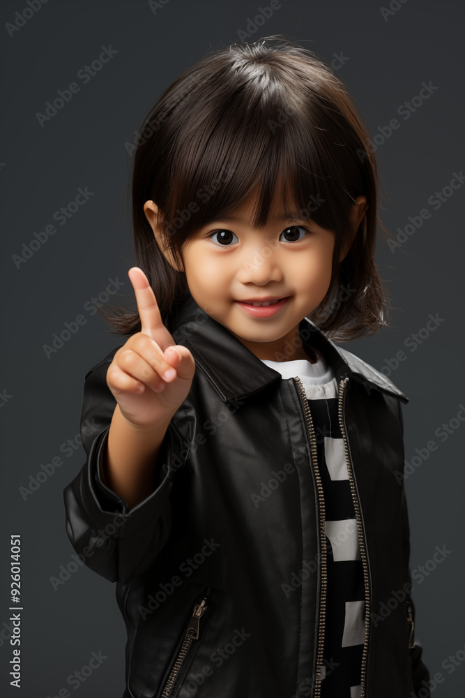 young Asian kid wearing a black outfit is doing a thumb up, isolated on a white isolated background young Asian kid wearing a black outfit is doing a thumb up, isolated on a white isolated background