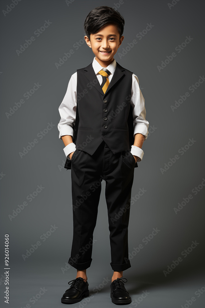 young Asian kid wearing a black outfit is doing a thumb up, isolated on a white isolated background