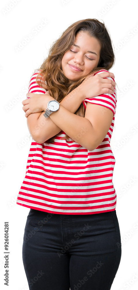 Young beautiful brunette woman wearing stripes t-shirt over isolated background Hugging oneself happy and positive, smiling confident. Self love and self care Young beautiful brunette woman wearing stripes t-shirt over isolated background Hugging oneself happy and positive, smiling confident. Self love and self care