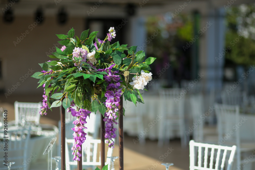 Elegant Outdoor Wedding Reception with Wisteria Floral Centerpieces