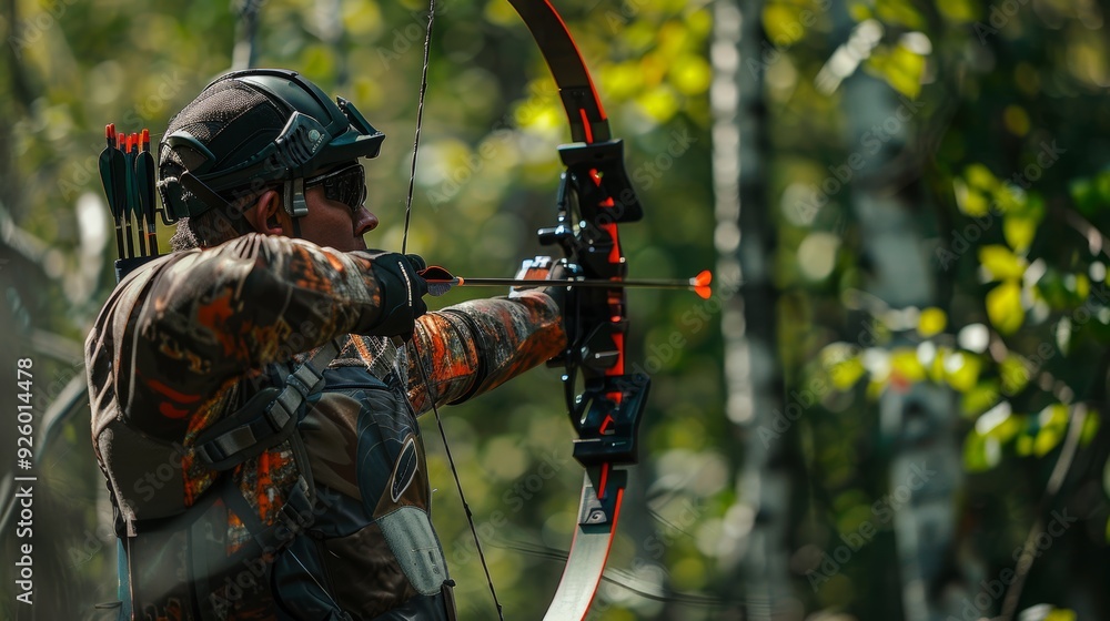 Professional Archery Athlete Aiming with Focus in Forested Competition Area Professional Archery Athlete Aiming with Focus in Forested Competition Area