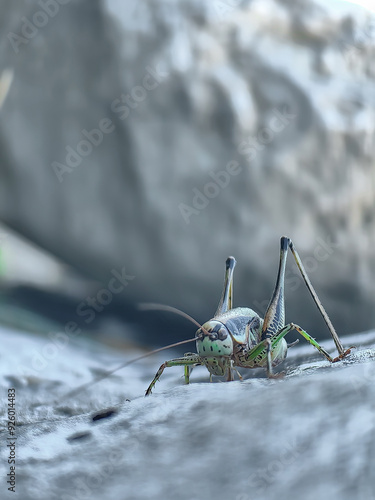 Close up of a green grasshopper on a green grass and grey rock, mimicry