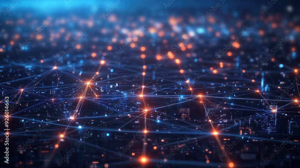 Smart city with network connections and data transfers on a night background