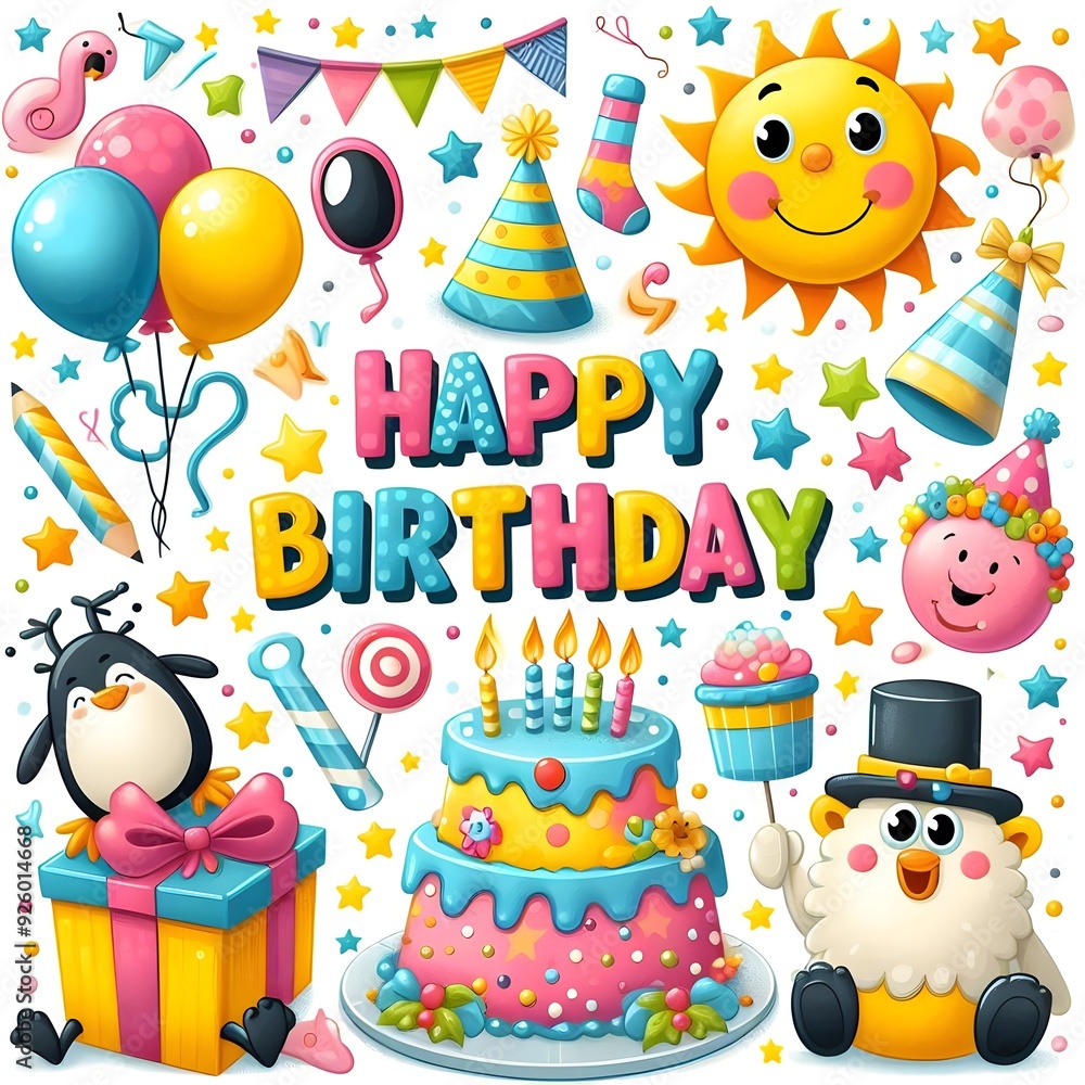 Naklejka premium Happy Birthday Illustration with Cute Characters and Decorations