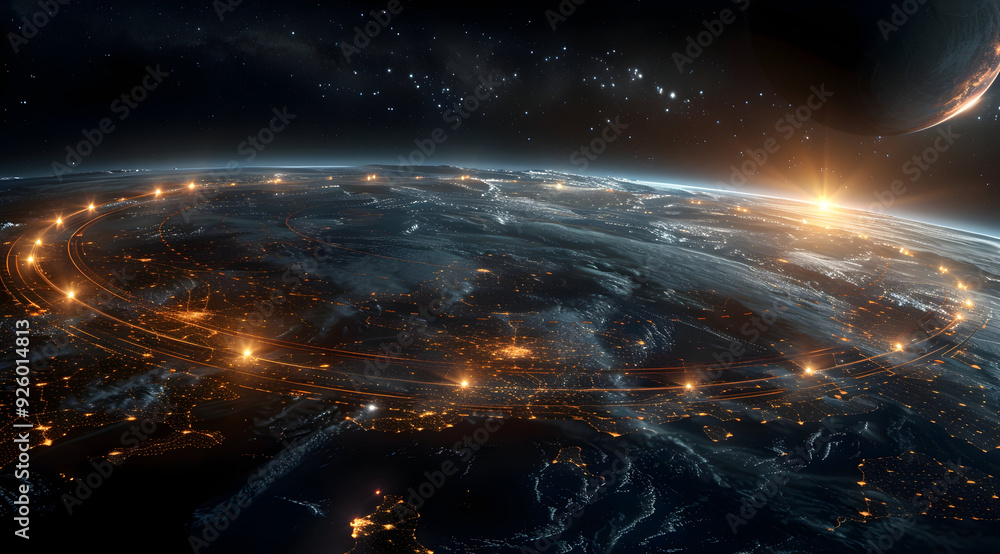 Earth at Night with City Lights and Stars Illustration Earth at Night with City Lights and Stars Illustration