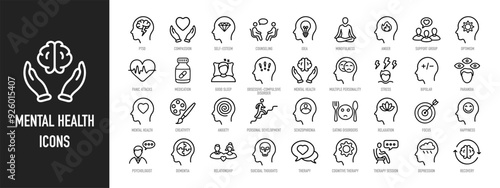 Mental health web icons in line style. Psychology, depression, bipolar, PTSD, therapy, psychologist, schizophrenia, dementia, stress. Vector illustration.