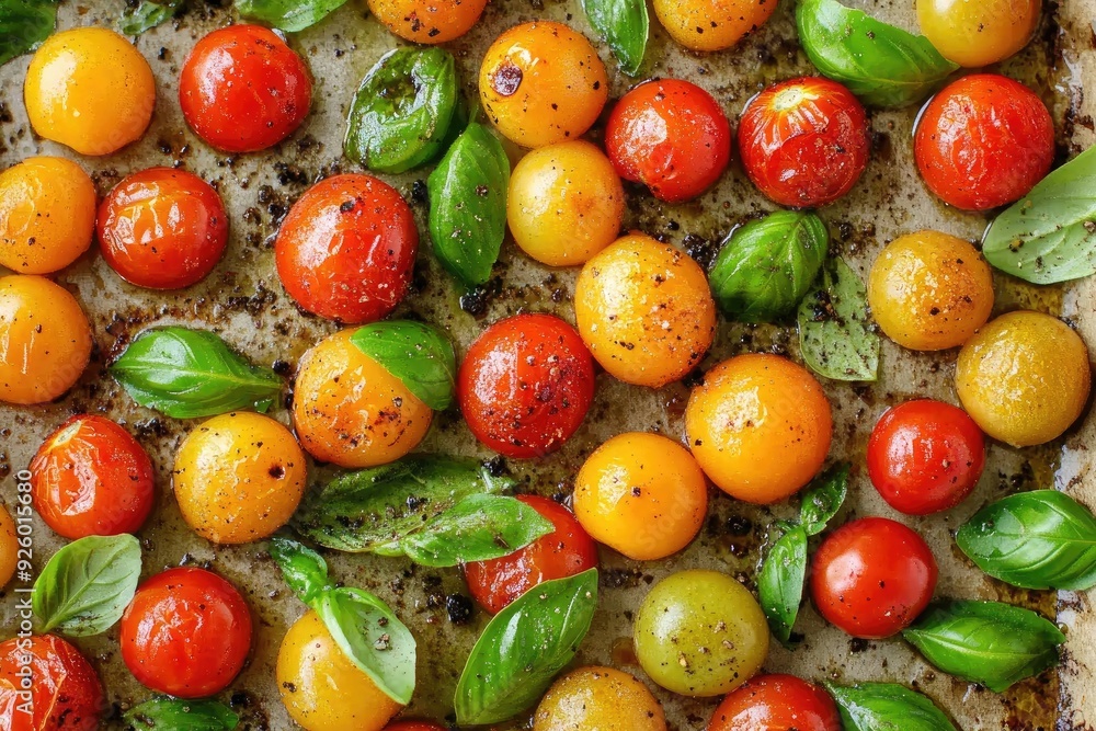 Roasted tomatoes with basil and spices. Great for use as a food blog or recipe website visual. Roasted tomatoes with basil and spices. Great for use as a food blog or recipe website visual.