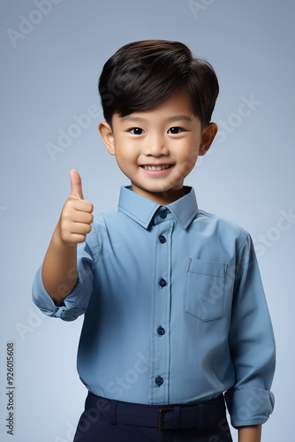 young Asian kid wearing a beige outfit is doing a thumb up, isolated on a white isolated background