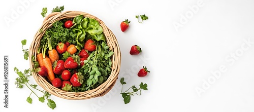 Wicker Basket Filled with Fresh Strawberries, Carrots, and Greens