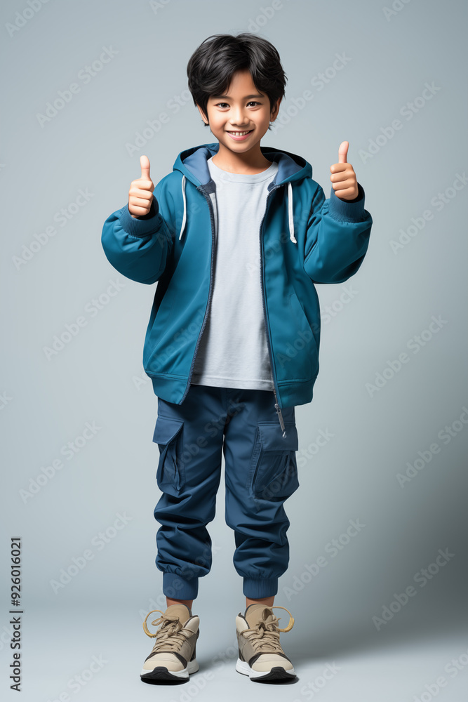 young Asian kid wearing a beige outfit is doing a thumb up, isolated on a white isolated background young Asian kid wearing a beige outfit is doing a thumb up, isolated on a white isolated background