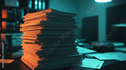 Stack of unpaid bills, dimly lit room, sense of dread, 3D illustration
