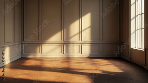 Empty living room with a single bill on the floor, eerie silence, 3D illustration