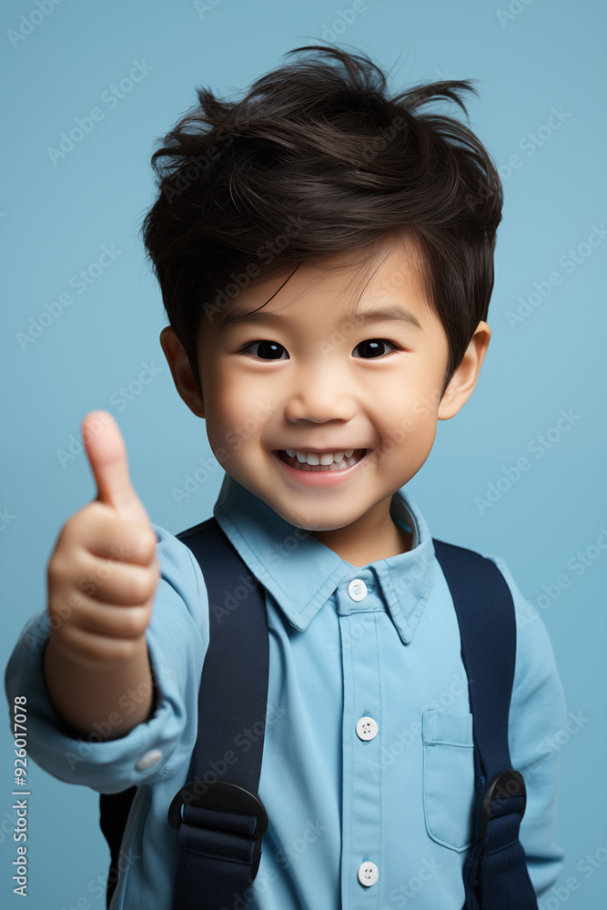 young Asian kid wearing a beige outfit is doing a thumb up, isolated on a white isolated background young Asian kid wearing a beige outfit is doing a thumb up, isolated on a white isolated background