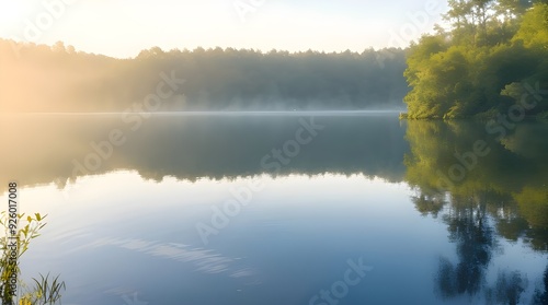 Tranquil Morning Lake Scene: Calm Waters Reflecting Soft Sunlight and Lush Green Trees, Misty Atmosphere in a Serene Nature Landscape