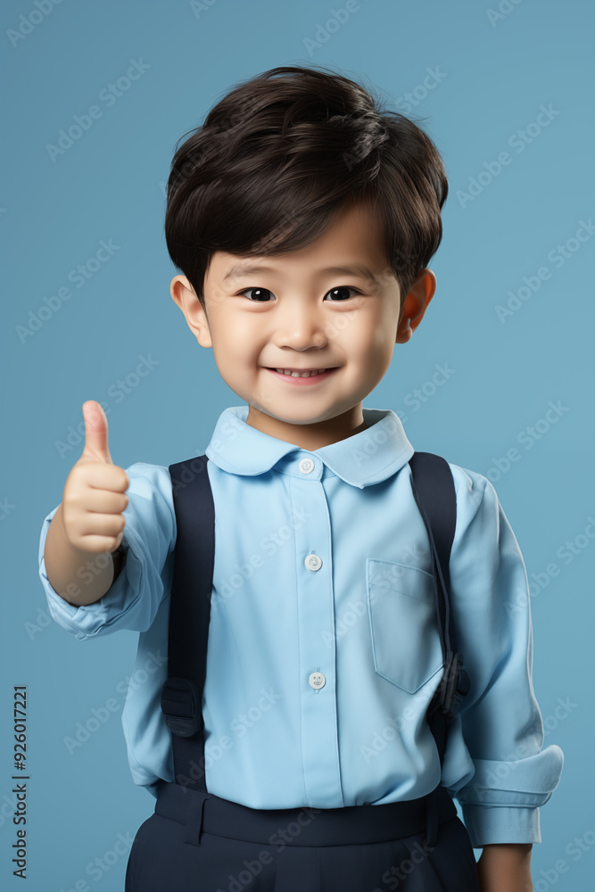 young Asian kid wearing a beige outfit is doing a thumb up, isolated on a white isolated background young Asian kid wearing a beige outfit is doing a thumb up, isolated on a white isolated background
