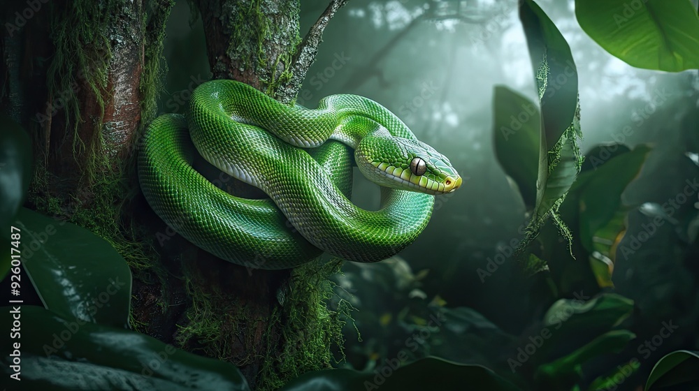 Fototapeta premium Green snake, wrapped around the tree.