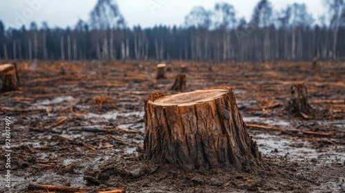 Deforested Area with Tree Stumps and Bare Trees in the Background on a Cloudy Day