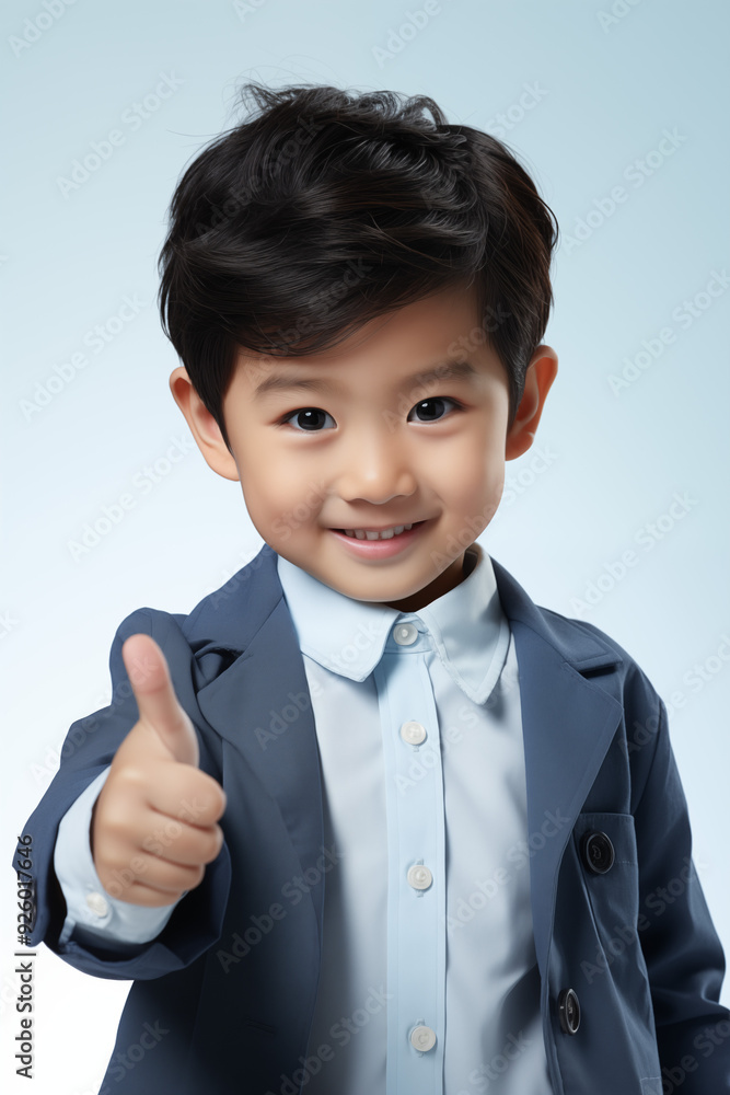 young Asian kid wearing a beige outfit is doing a thumb up, isolated on a white isolated background young Asian kid wearing a beige outfit is doing a thumb up, isolated on a white isolated background