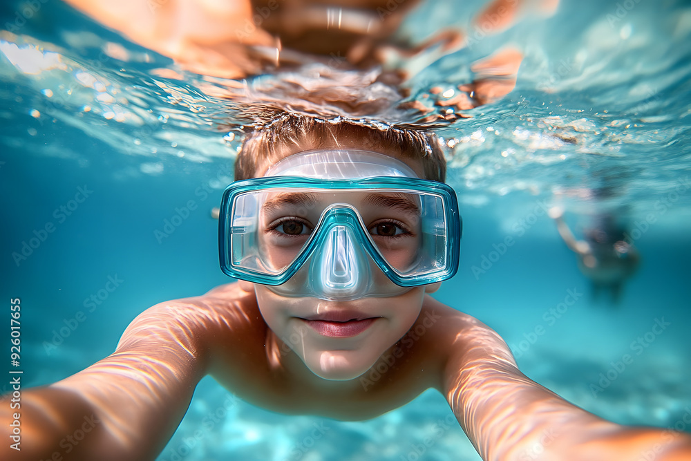 Naklejka premium School boy underwater wearing goggles takes selfie while snorkeling in clear water. Travel adventure and excitement of exploring marine life. Vacation timespending activitity diving snorkeling concept