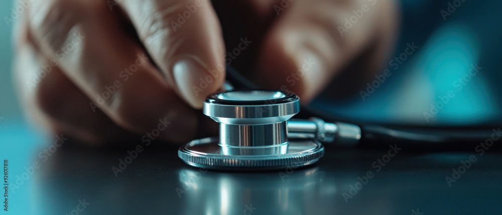 Close-Up of a Hand Holding a Stethoscope on a Table in a Medical Setting Close-Up of a Hand Holding a Stethoscope on a Table in a Medical Setting