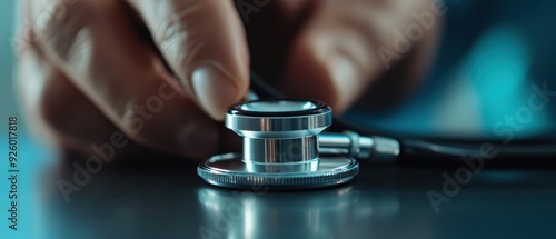 Close-Up of a Hand Holding a Stethoscope on a Table in a Medical Setting