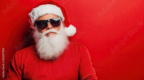 Stylish modern Santa Claus in sunglasses on red plain background with copy space.