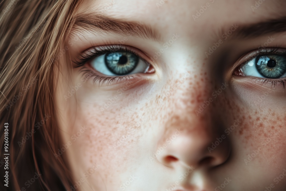 Fototapeta premium A close up portrait of a beautiful serious blue eyed girl looking in camera for children vision and eyes healthcare medical background