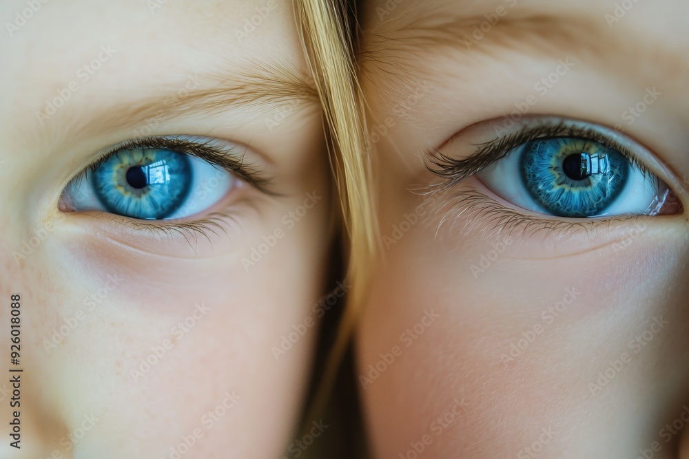 Naklejka premium A close up portrait of two beautiful serious blue eyed girls looking at camera for children vision and eyes healthcare medical background