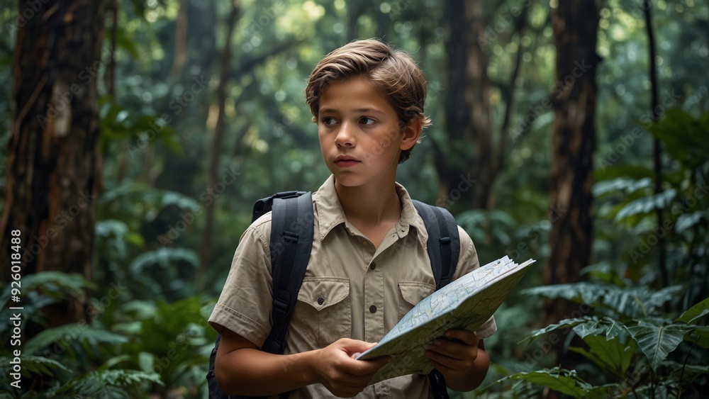 A young explorer holds a map while venturing through the jungle, searching for hidden ancient ruins, with dense vegetation and wildlife in the background. A young explorer holds a map while venturing through the jungle, searching for hidden ancient ruins, with dense vegetation and wildlife in the background.