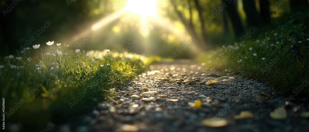 Sunlit Forest Path with Wildflowers and Lush Greenery in a Serene Natural Setting Sunlit Forest Path with Wildflowers and Lush Greenery in a Serene Natural Setting