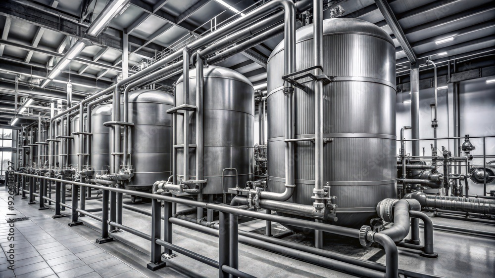 Grayscale image of industrial water treatment tanks with intricate piping, Industrial, water treatment, tanks Grayscale image of industrial water treatment tanks with intricate piping, Industrial, water treatment, tanks