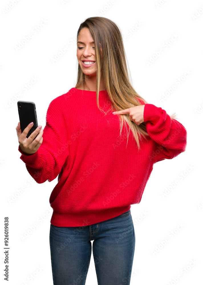 Beautiful young woman using smartphone with surprise face pointing finger to himself Beautiful young woman using smartphone with surprise face pointing finger to himself