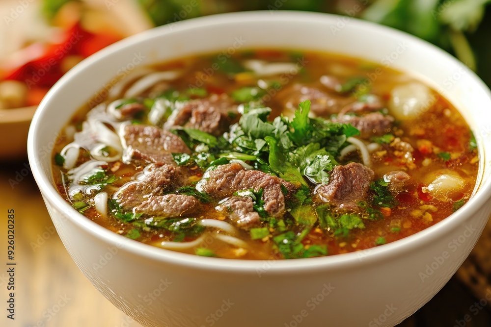 A bowl of beef noodle soup with cilantro. Perfect for illustrating articles on Asian cuisine, food blogs, and restaurant menus. A bowl of beef noodle soup with cilantro. Perfect for illustrating articles on Asian cuisine, food blogs, and restaurant menus.