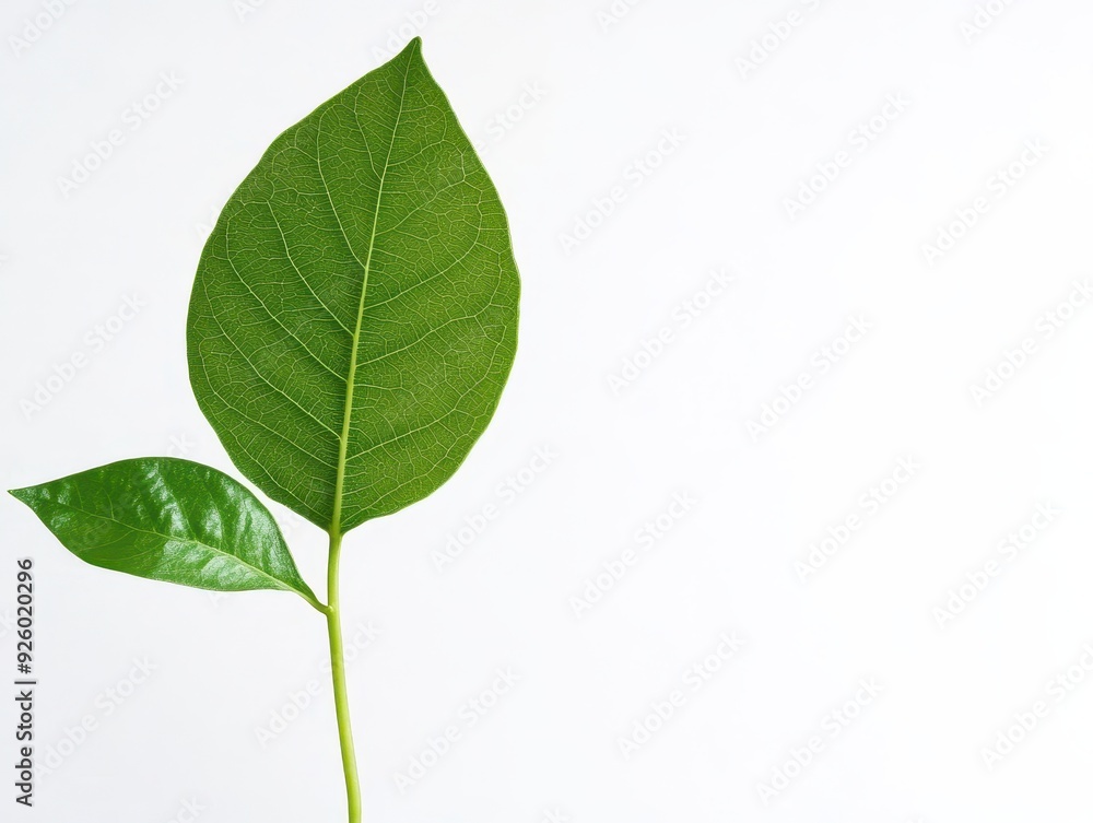 Single Green Leaf on White Background with Detailed Veins and Minimalist Composition Single Green Leaf on White Background with Detailed Veins and Minimalist Composition