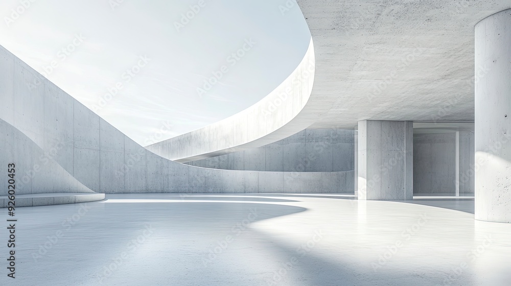 Empty minimal abstract architecture building interior or exterior concrete design with open space floor courtyard white showcase area and curved walls. Generative ai Empty minimal abstract architecture building interior or exterior concrete design with open space floor courtyard white showcase area and curved walls. Generative ai