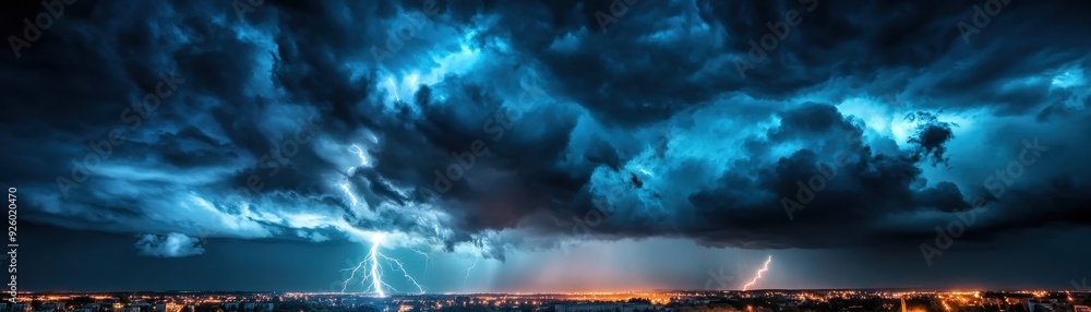 Dramatic Thunderstorm with Lightning Strikes Over Cityscape at Night Dramatic Thunderstorm with Lightning Strikes Over Cityscape at Night