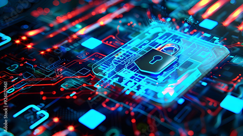 Cybersecurity 3D Illustration - Digital Lock on Circuit Board