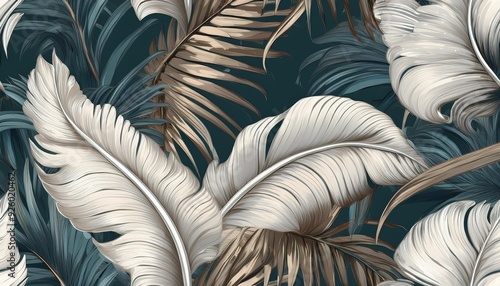 Vintage tropical green brown leaves, beige background, golden texture. Luxury mural, premium wallpaper. 3d painting illustration, watercolor design. 