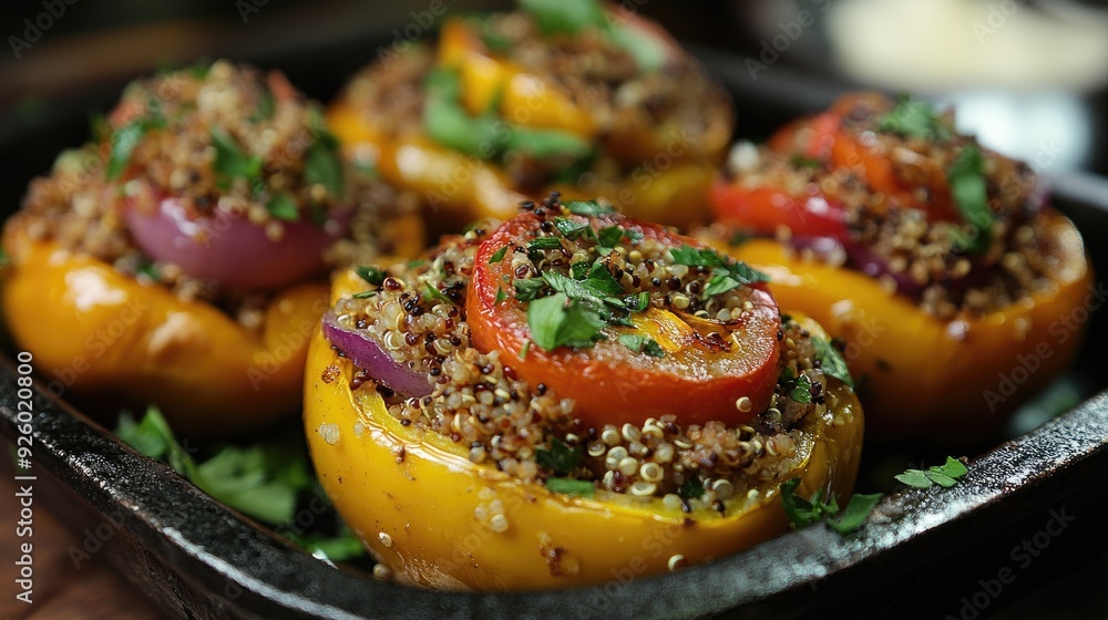 Stuffed bell peppers with quinoa, tomatoes, and onions. This image can be used to illustrate recipes or articles related to vegetarian cooking and healthy eating. Stuffed bell peppers with quinoa, tomatoes, and onions. This image can be used to illustrate recipes or articles related to vegetarian cooking and healthy eating.